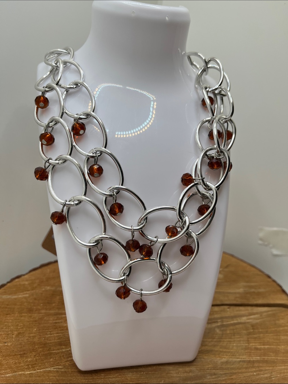 Vintage Silver Link Necklace with Amber Bead Accents - Women Jewelry